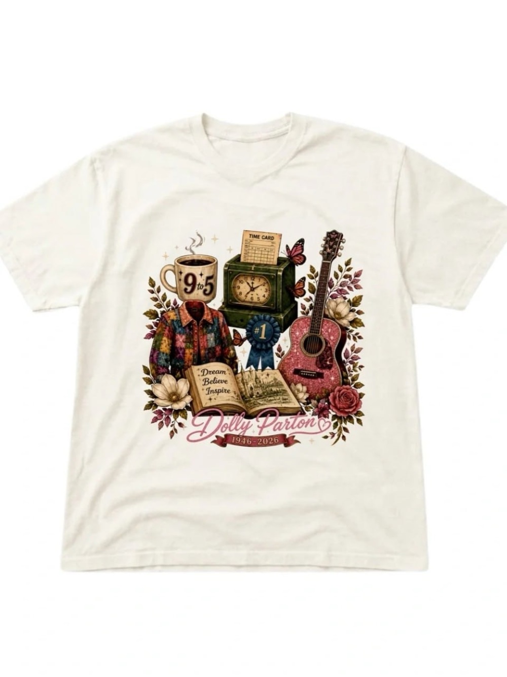 Cream Graphic Tee with Multicolor Floral & Guitar Design